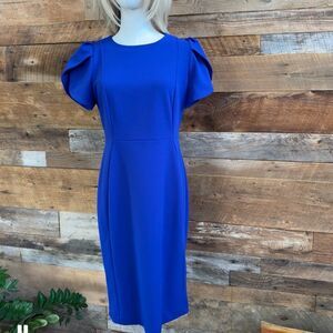 Calvin Klein Blue Tulip-Sleeve Sheath Dress Elegant Work Cocktail sz 10 EUC